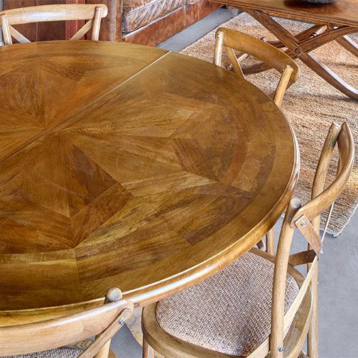 easy entertaining in a small home Chateau Extension Dining Table Close up image of timber table