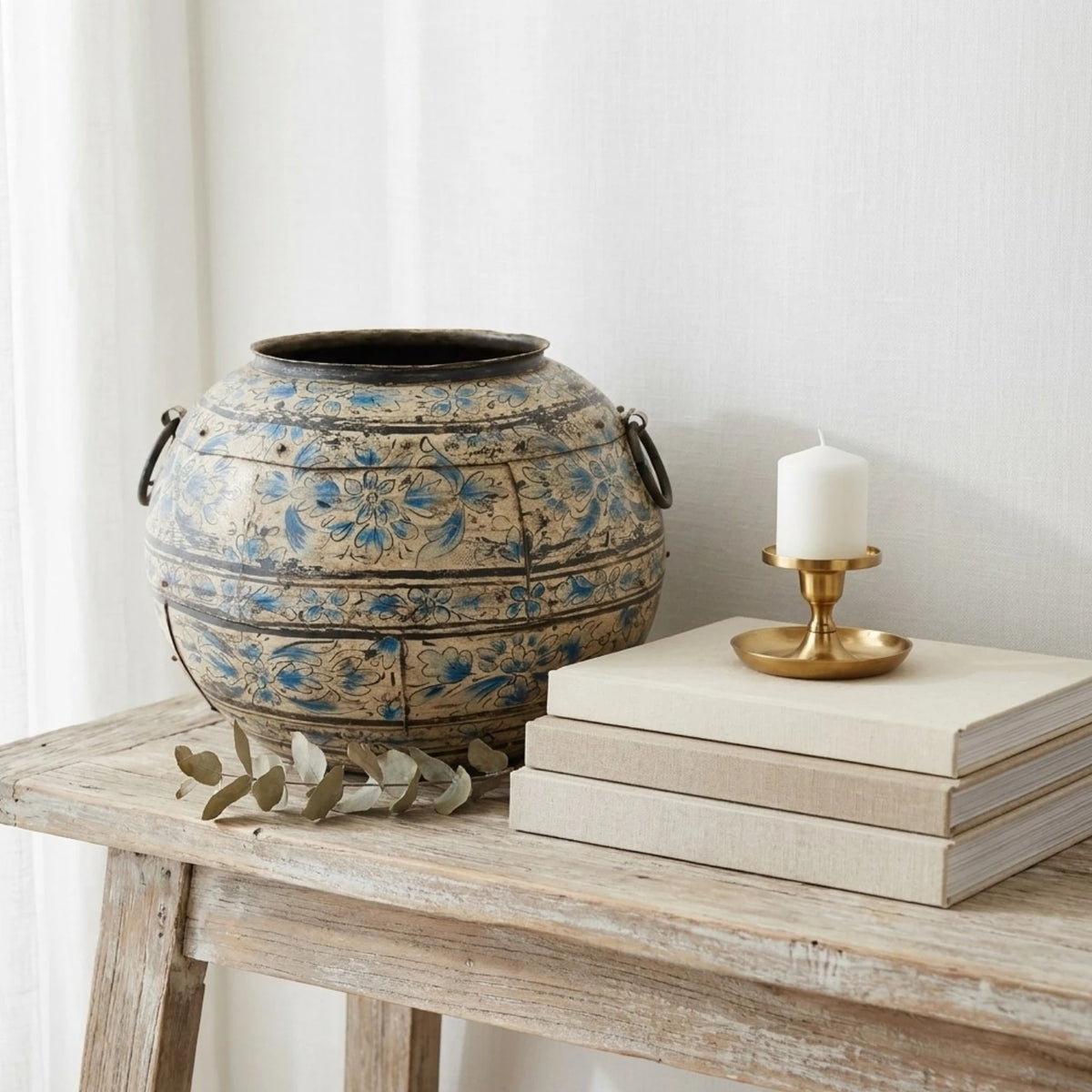 Blue Wash Painted Iron Round Urn - Small