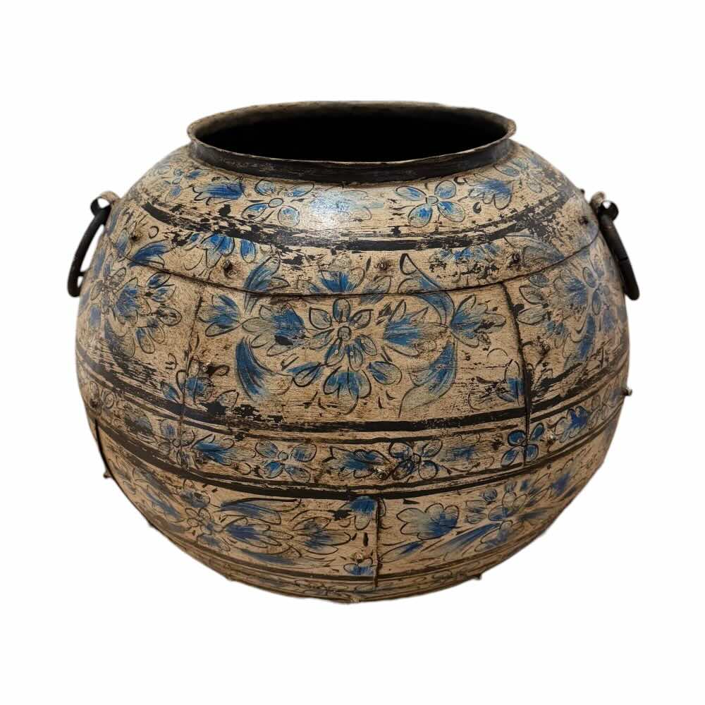 Blue Wash Painted Iron Round Urn - Medium