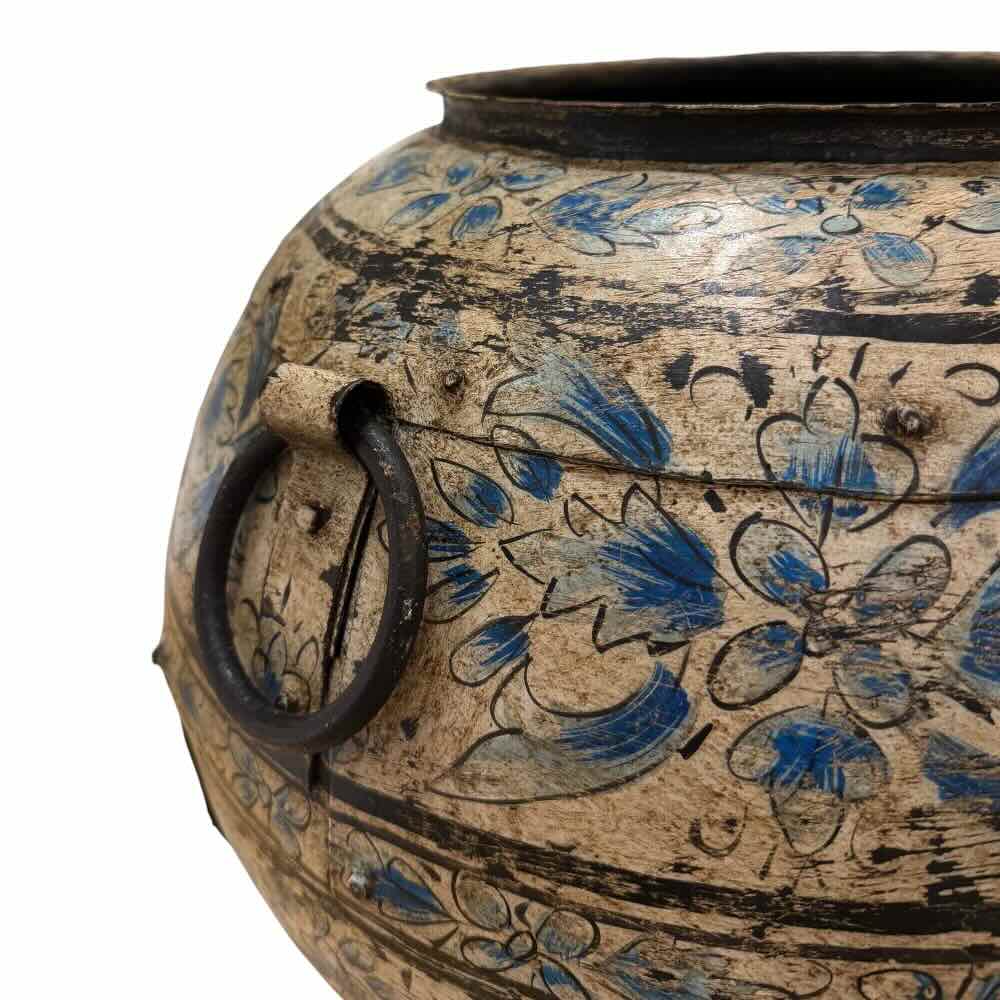 Blue Wash Painted Iron Round Urn - Large