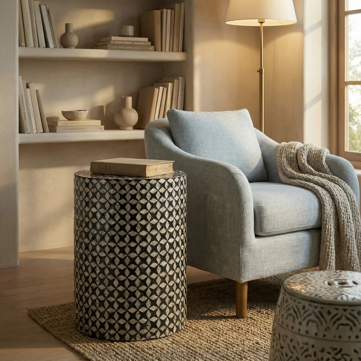 Capiz Drum Side Table - Black Star