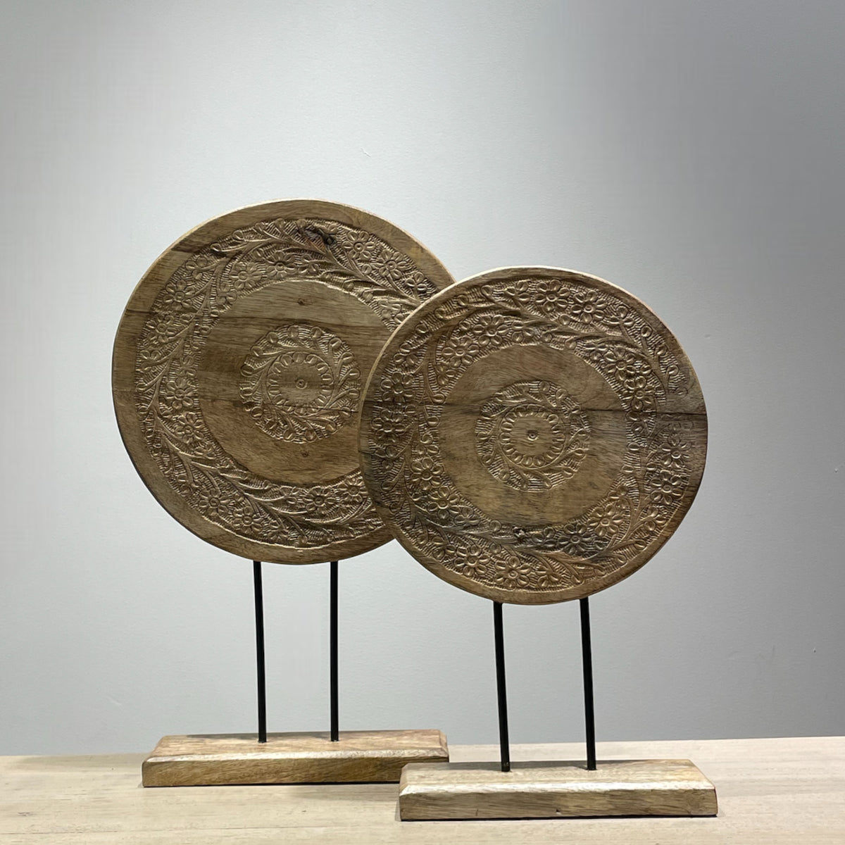 Carved Timber Disc on Stand - Small