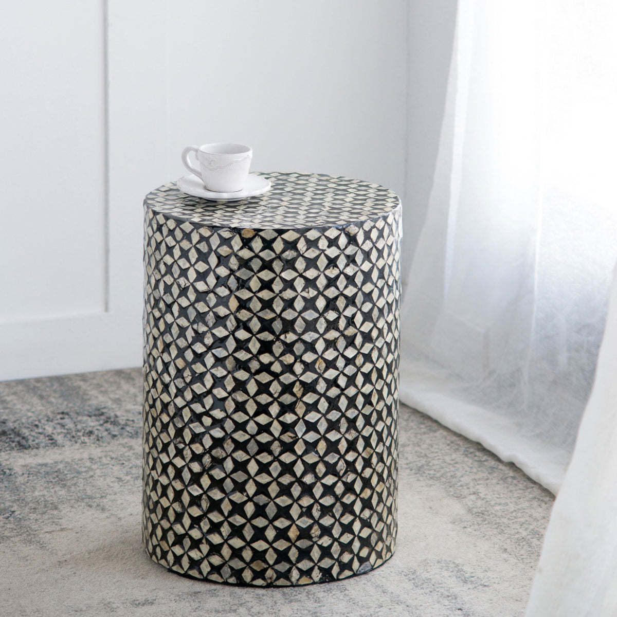 Capiz Drum Side Table - Black Star