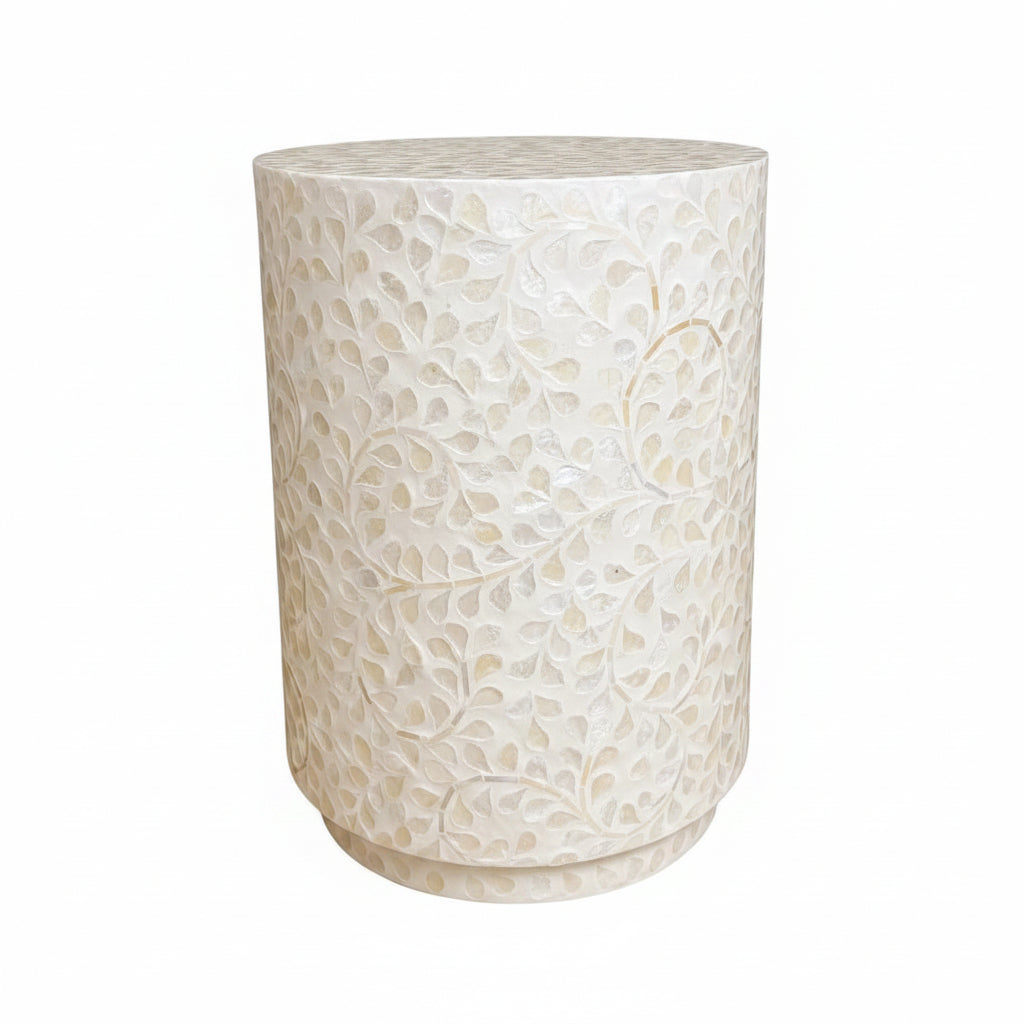 Capiz Drum Side Table - Flower Inlay