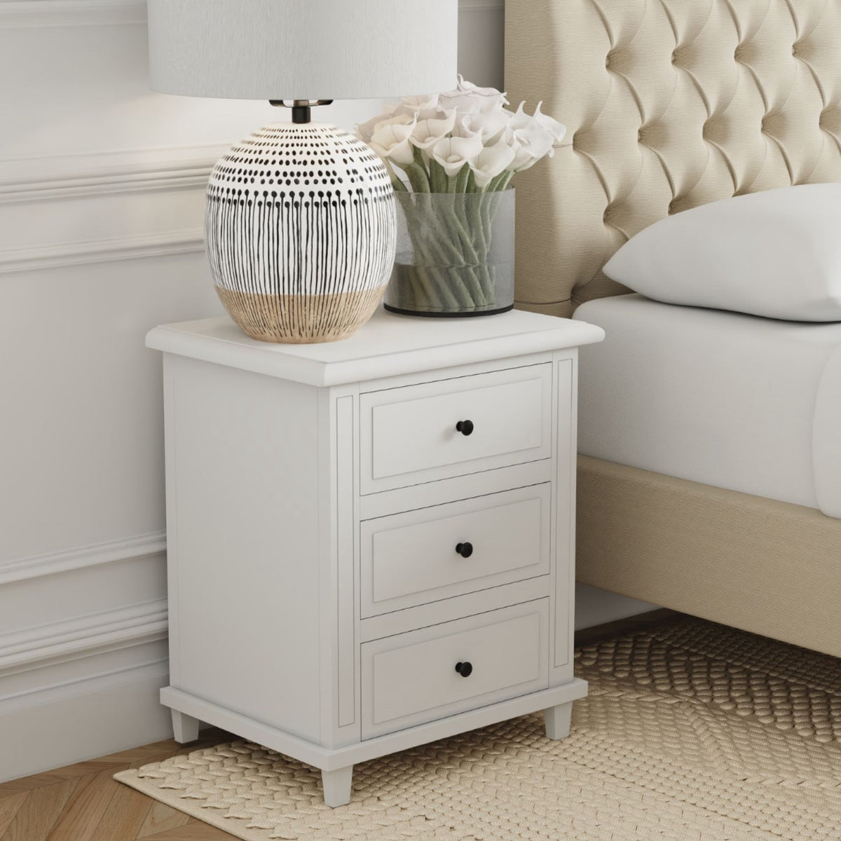 Hamptons 3 Drawer Bedside Table - White
