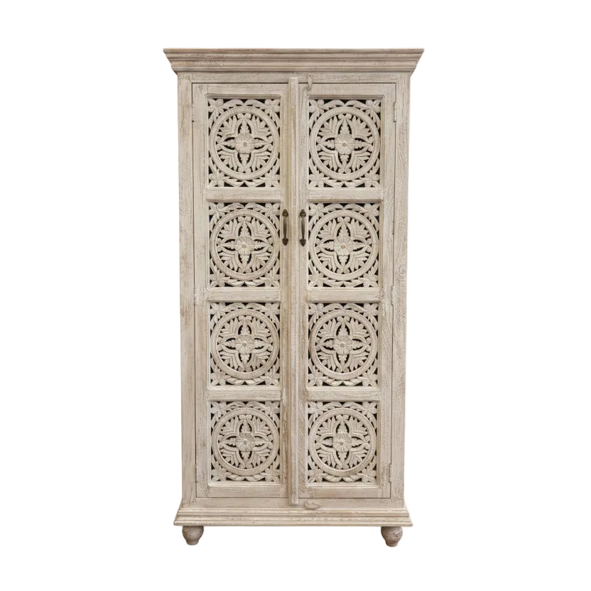 Carved Timber Cabinet - White Wash
