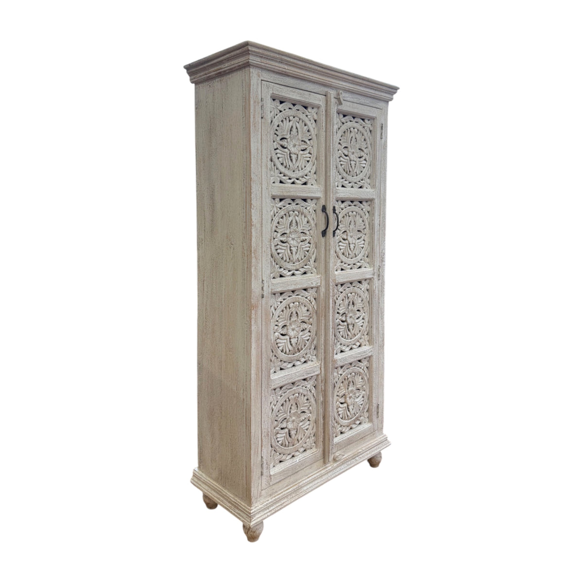 Carved Timber Cabinet - White Wash