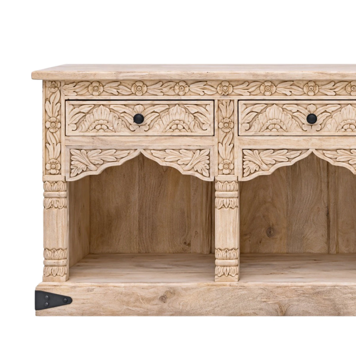 Indian Carved Timber Low Sideboard - Natural White Wash