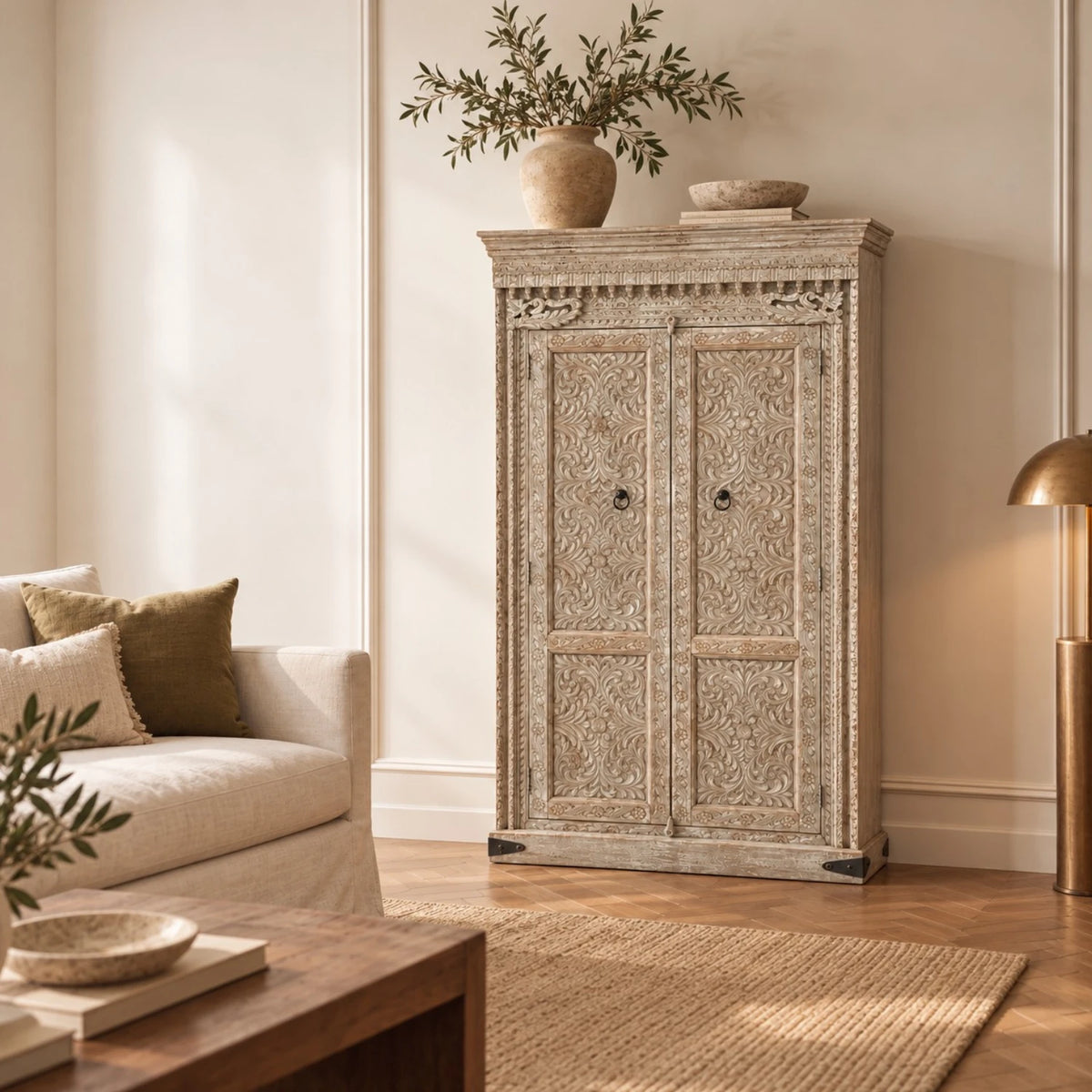 Kashmir Indian Carved Storage Cabinet - Grey Wash