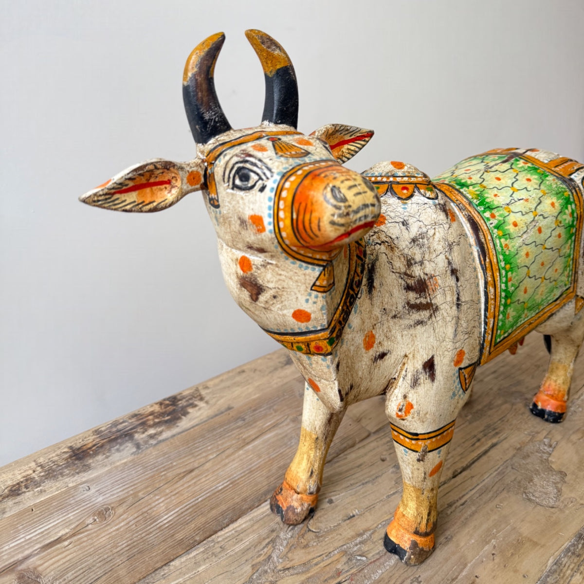 Painted Indian Wooden Cow