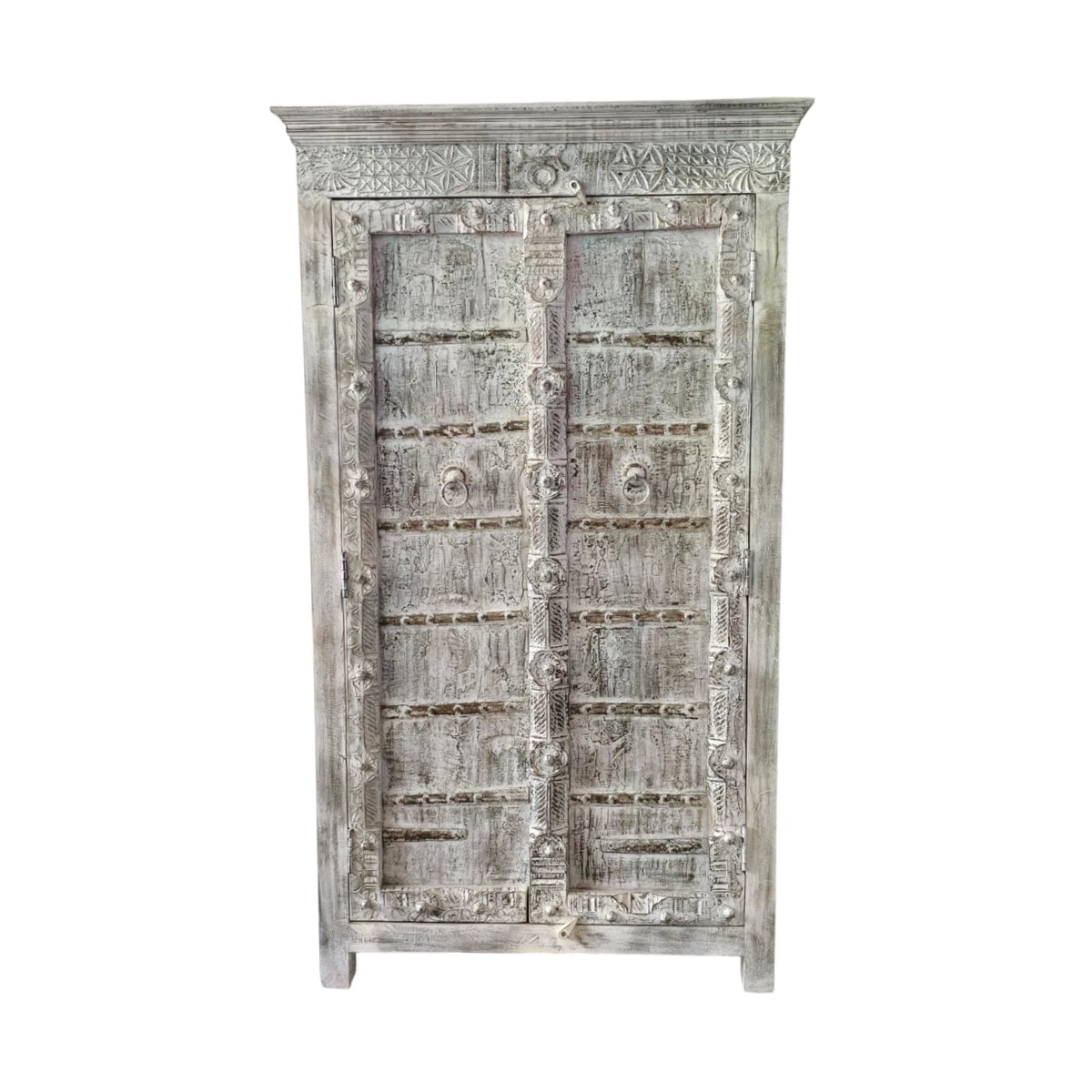 Indian Carved Timber Storage Cabinet - Rustic White Wash