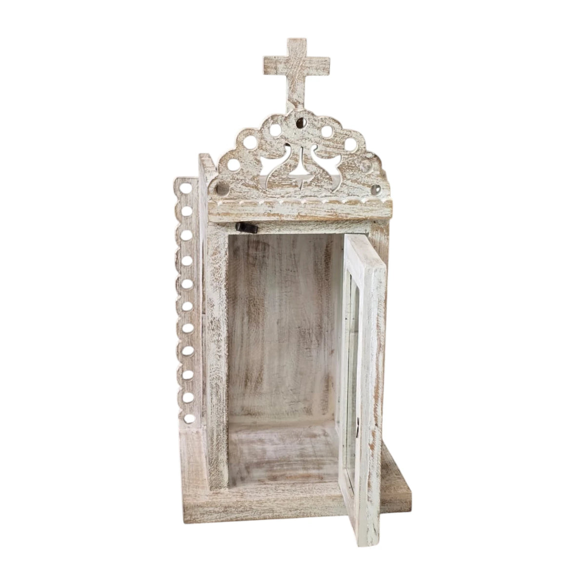 Indian Carved Templed Lantern - White Wash