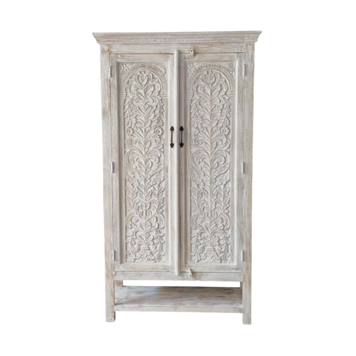 Indian Carved Arch Storage Cabinet - White Wash