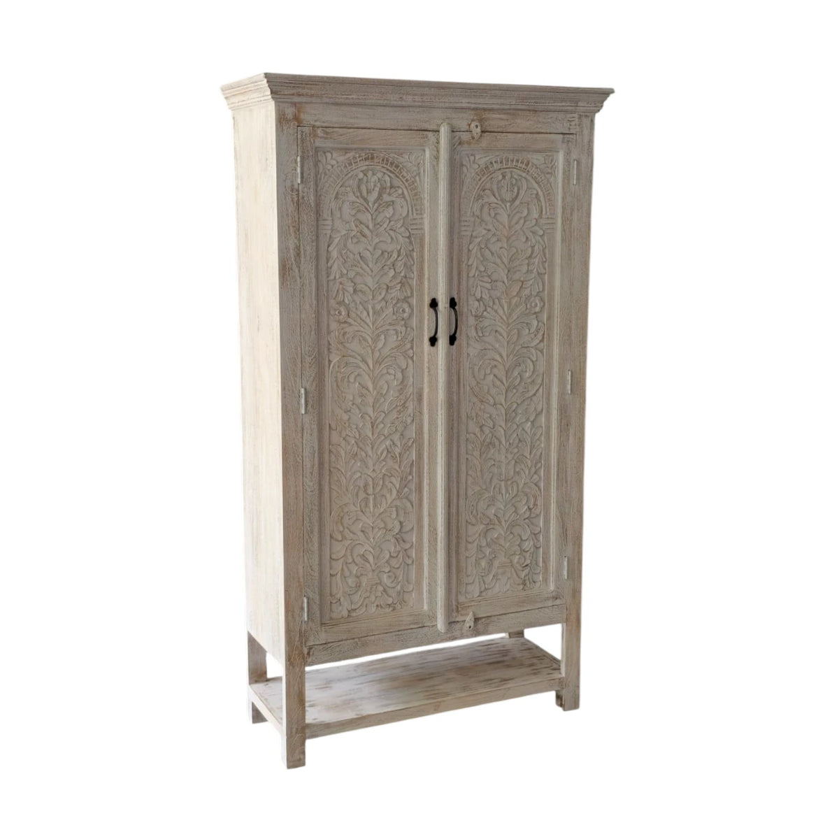 Indian Carved Arch Storage Cabinet - White Wash