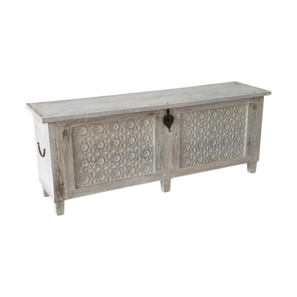 Indian Carved Timber Storage Trunk - White Wash