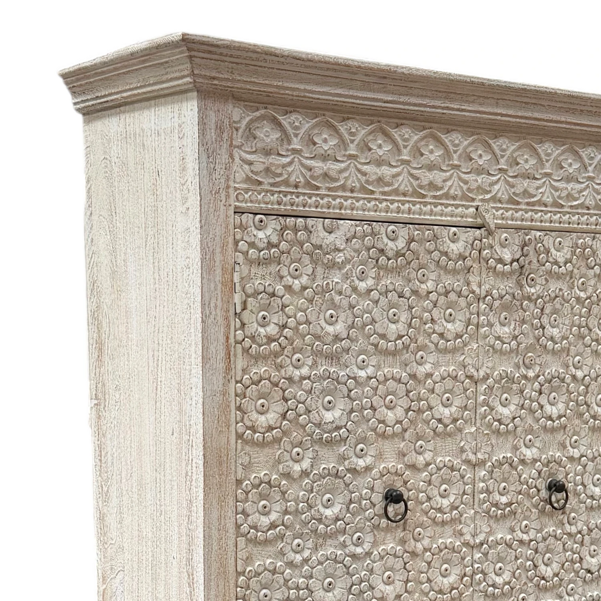 Rosette Indian Carved Tall Storage Cabinet - White Wash