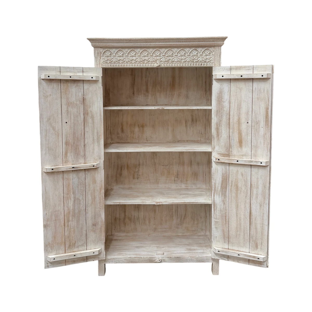 Rosette Indian Carved Tall Storage Cabinet - White Wash