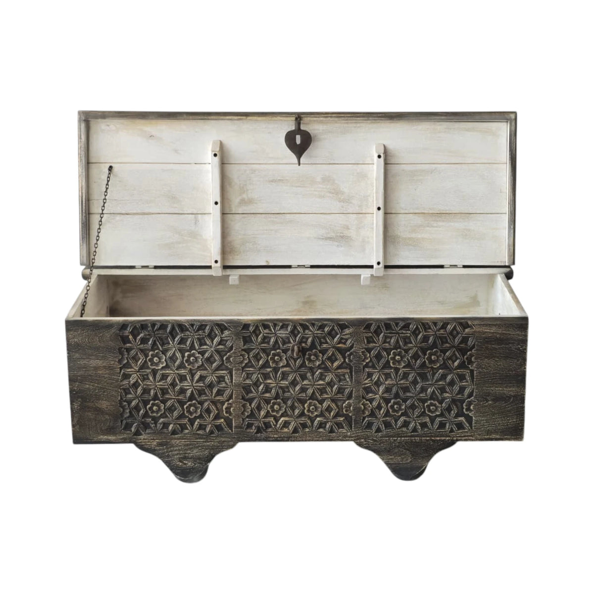 Indian Carved Timber Storage Trunk - Black Wash