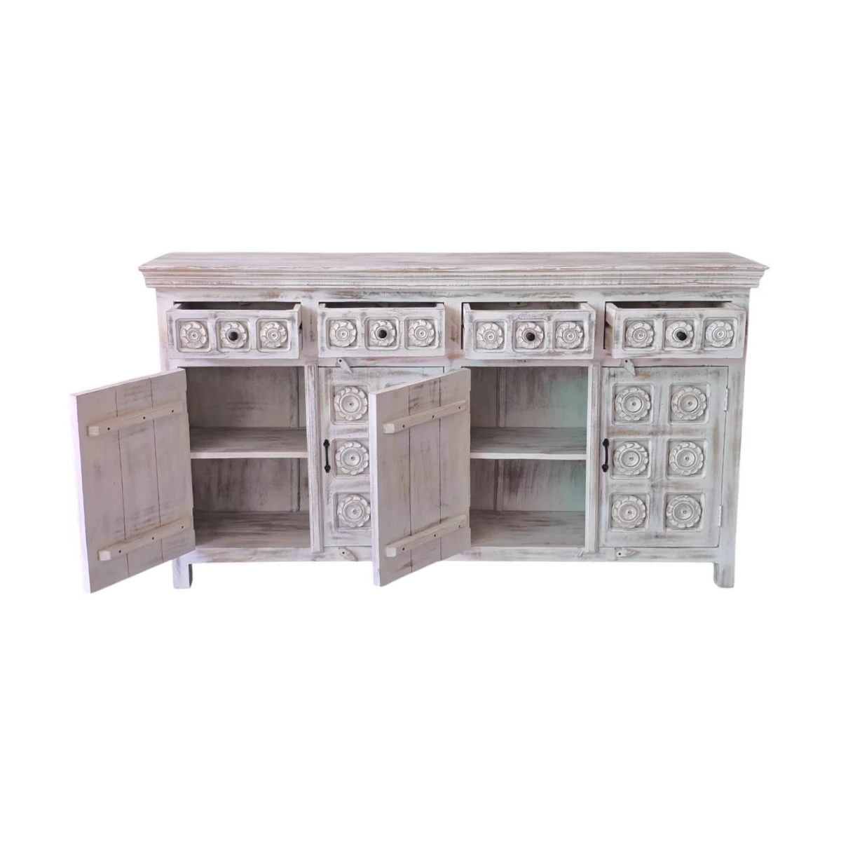 Medallion Indian Carved Large Buffet - White Wash