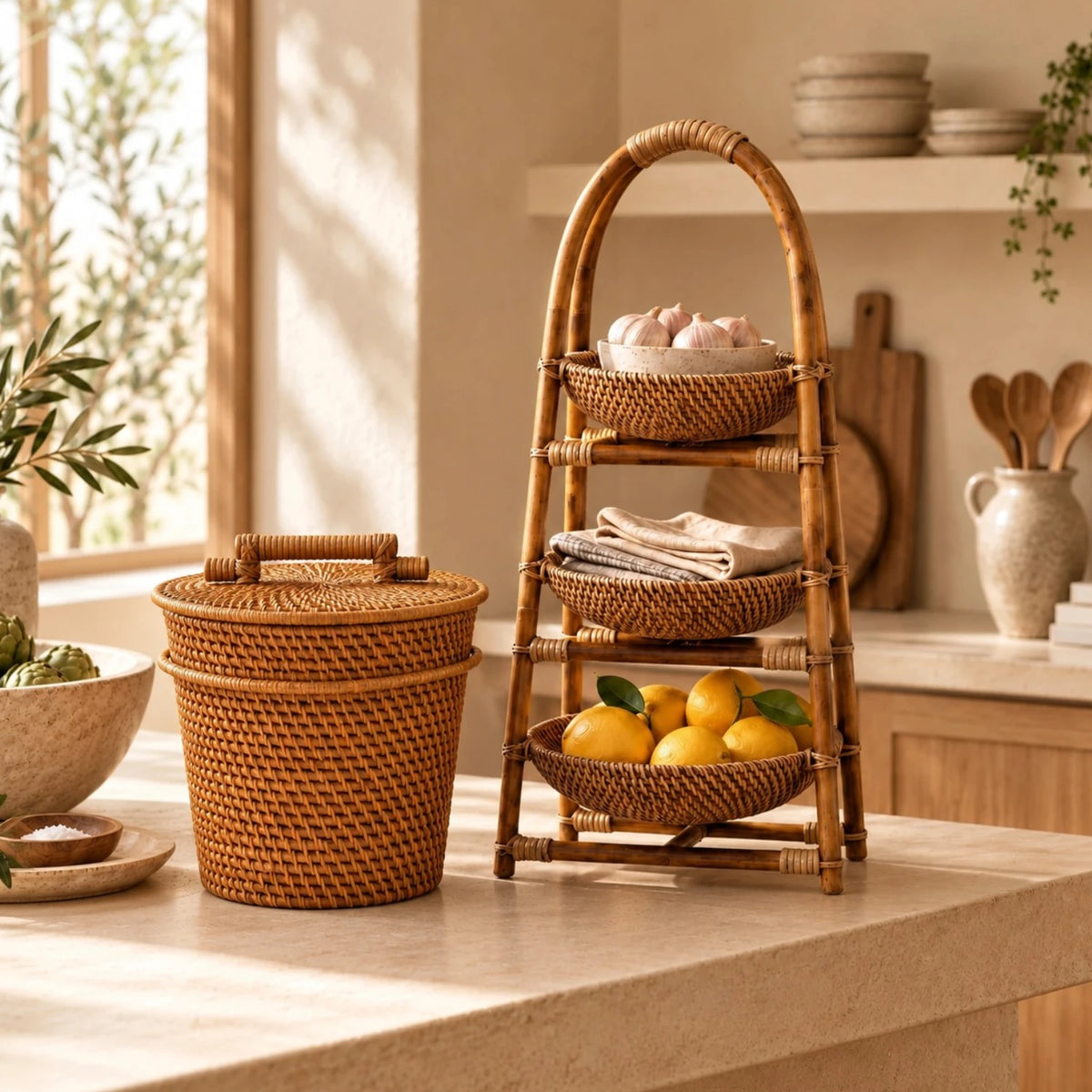Bahama Rattan Basket with Lid - Brown