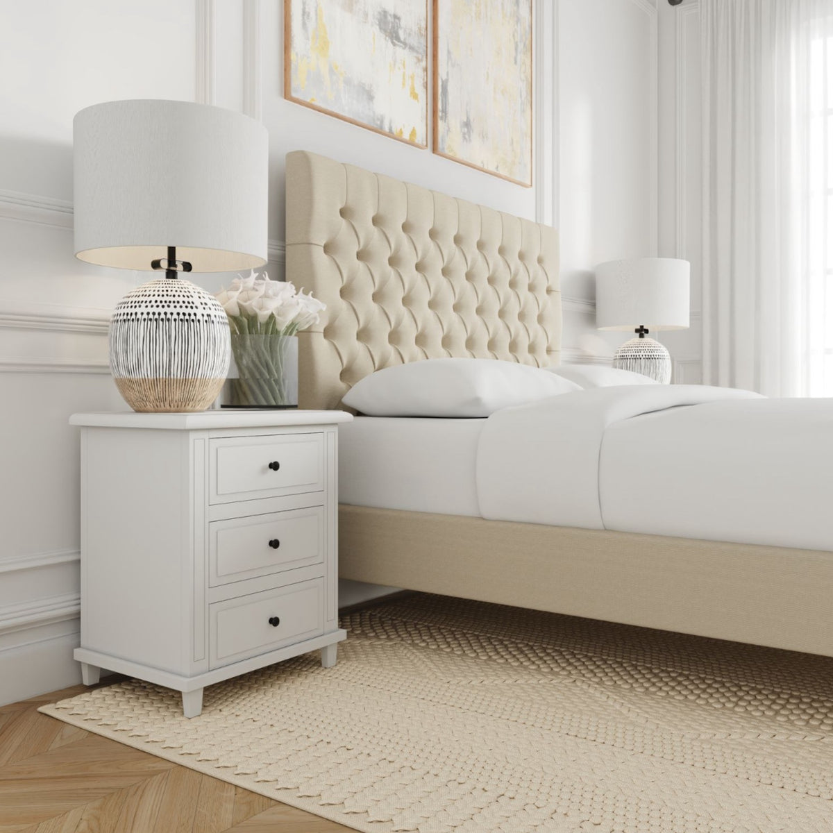 Hamptons 3 Drawer Bedside Table - White