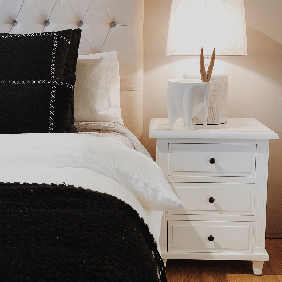 Hamptons 3 Drawer Bedside Table - White