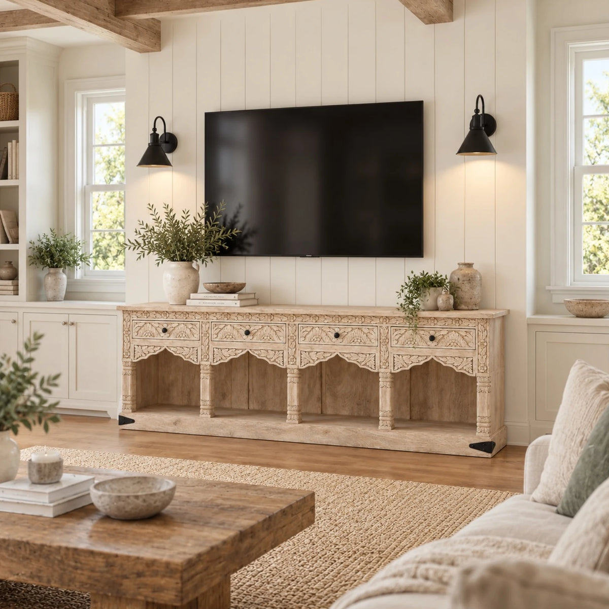 Indian Carved Timber Low Sideboard - Natural White Wash