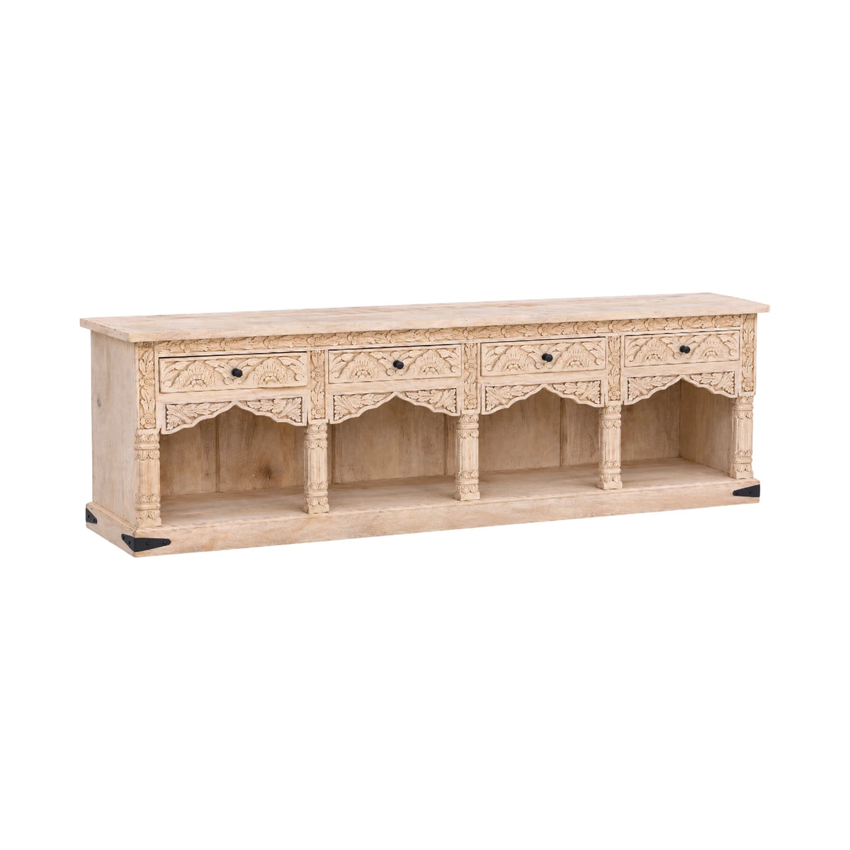 Indian Carved Timber Low Sideboard - Natural White Wash