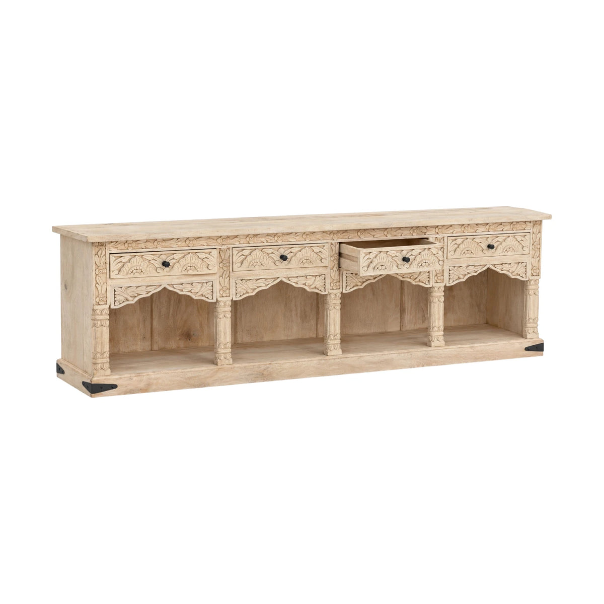Indian Carved Timber Low Sideboard - Natural White Wash