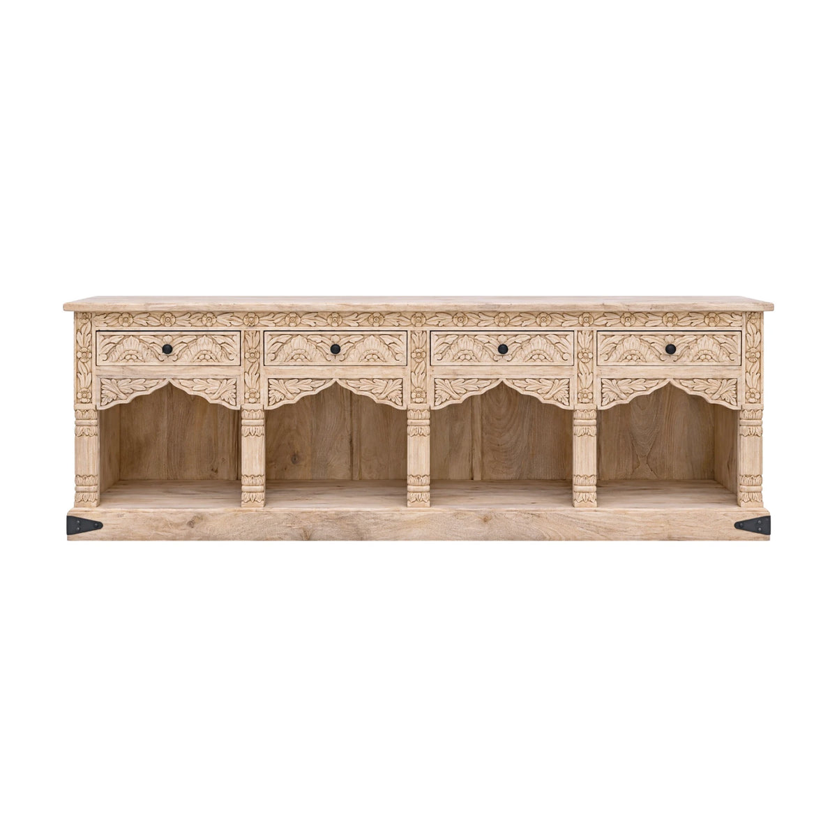Indian Carved Timber Low Sideboard - Natural White Wash