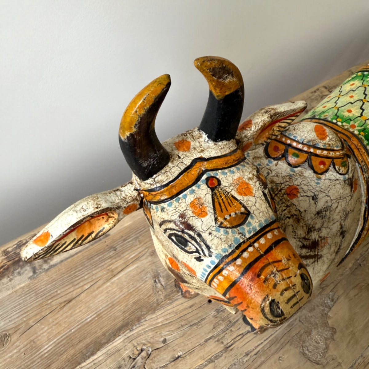Painted Indian Wooden Cow