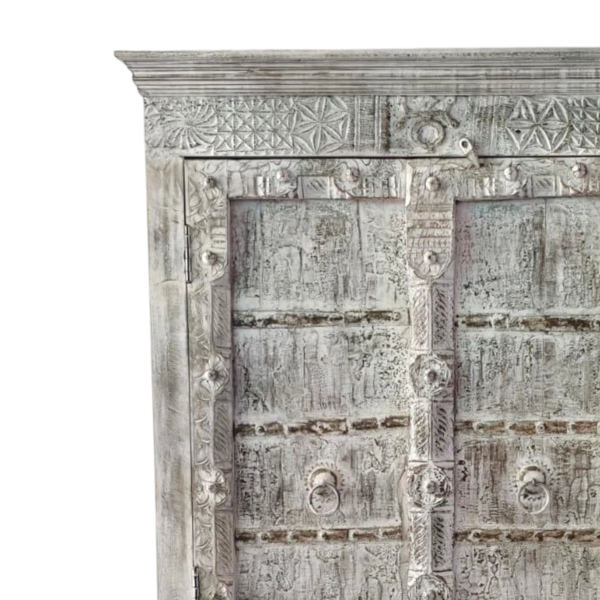 Indian Carved Timber Storage Cabinet - Rustic White Wash