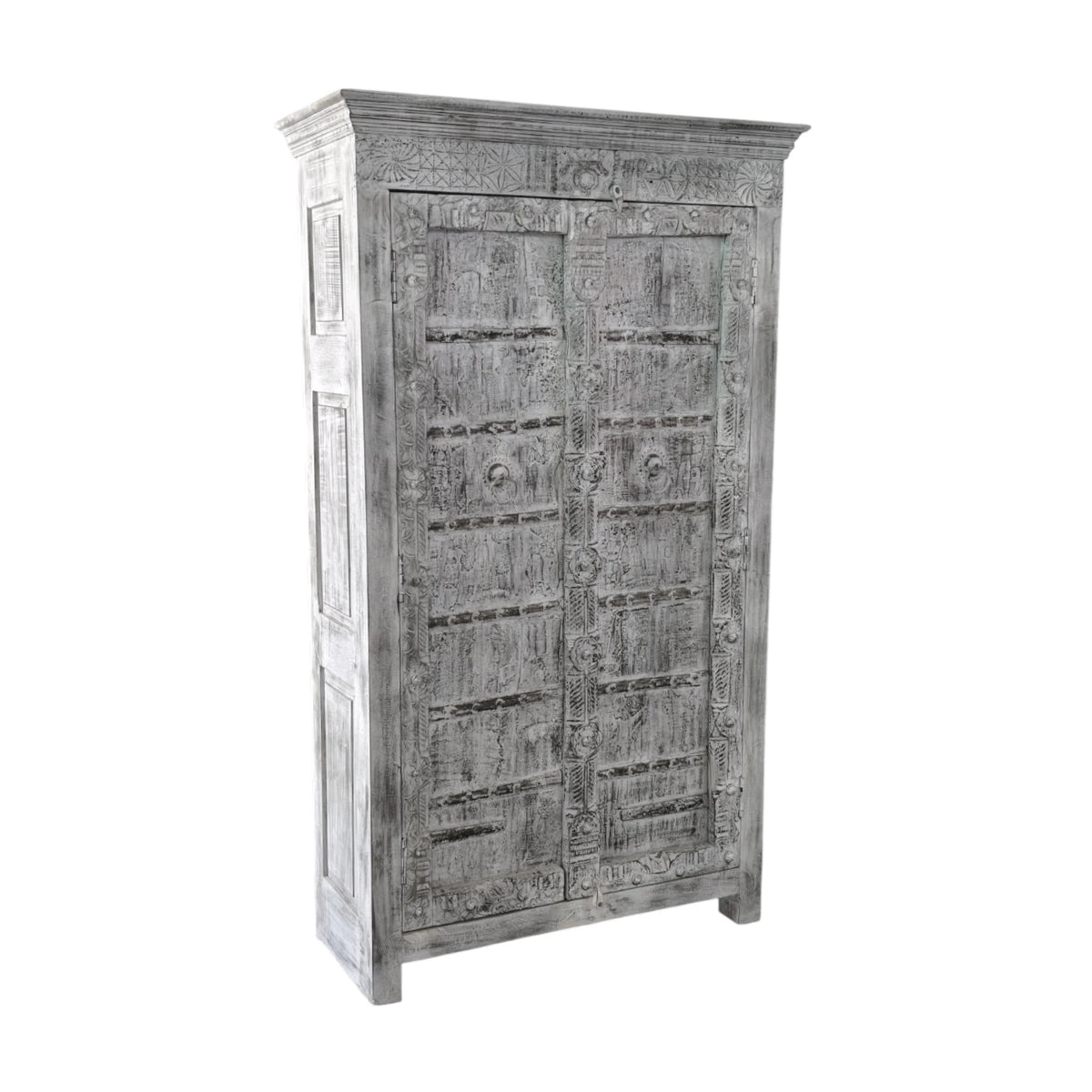 Indian Carved Timber Storage Cabinet - Rustic White Wash