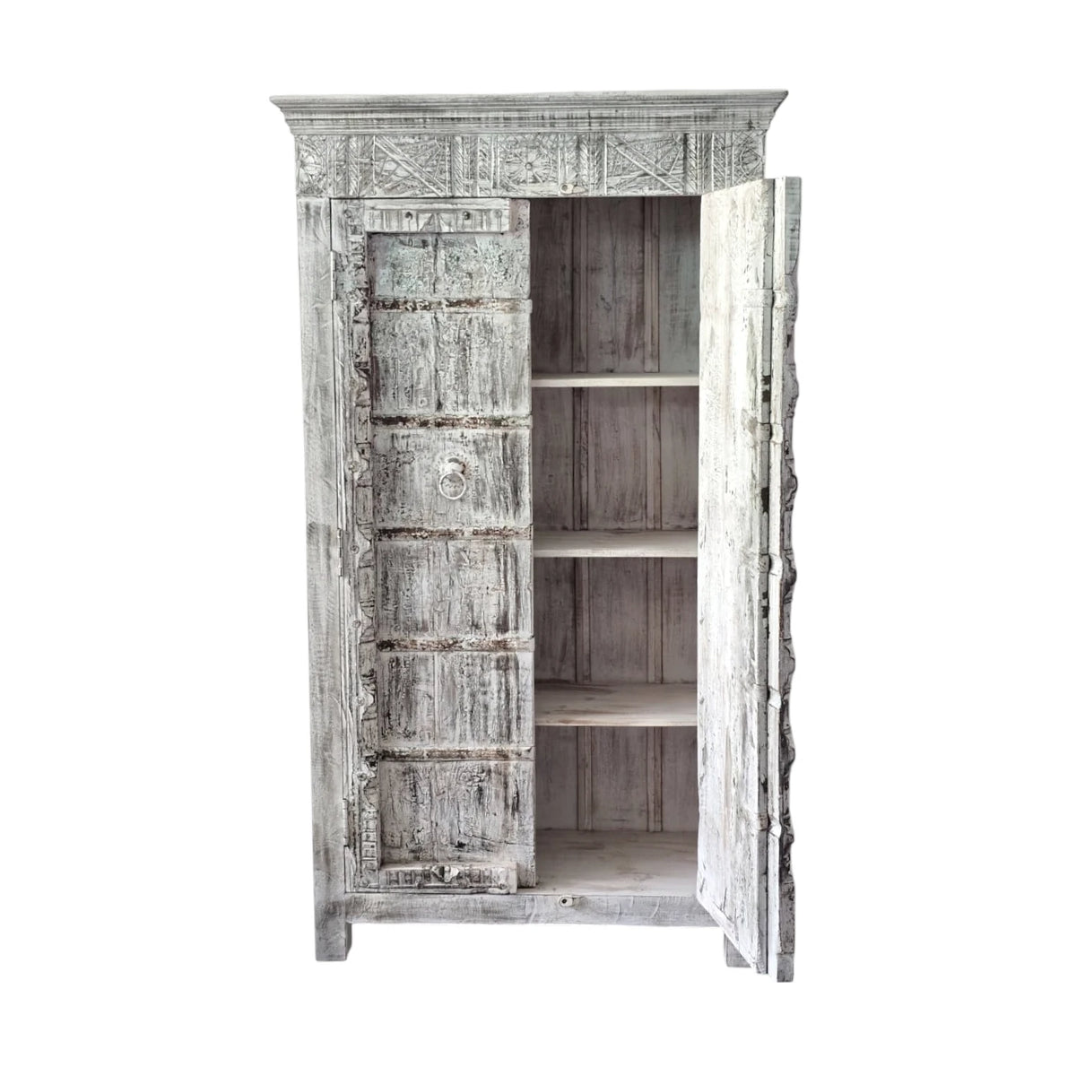 Indian Carved Timber Storage Cabinet - Rustic White Wash