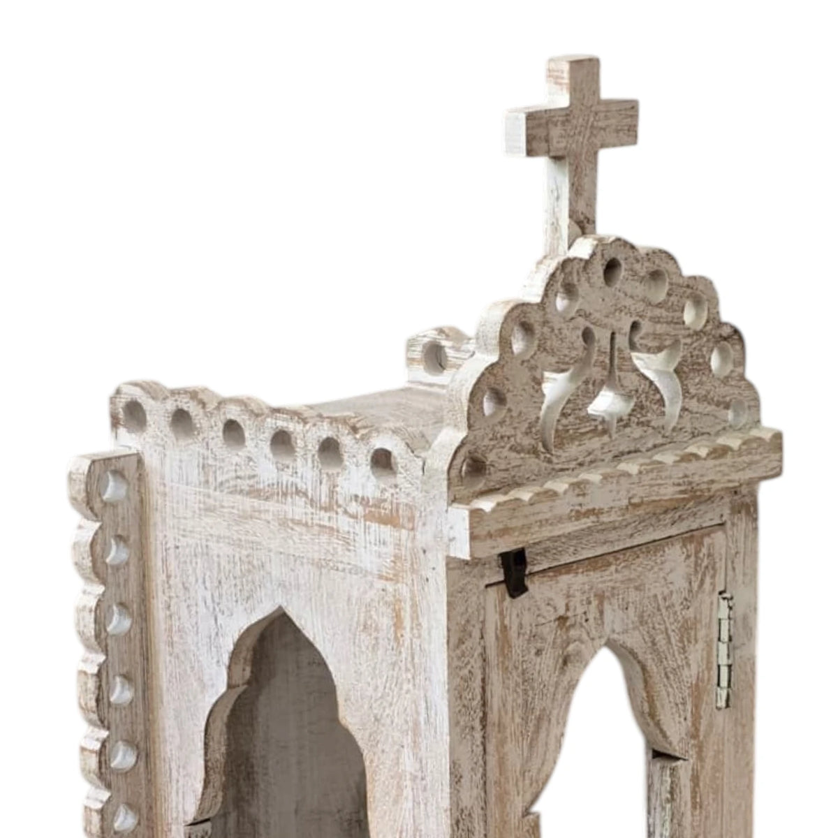 Indian Carved Templed Lantern - White Wash