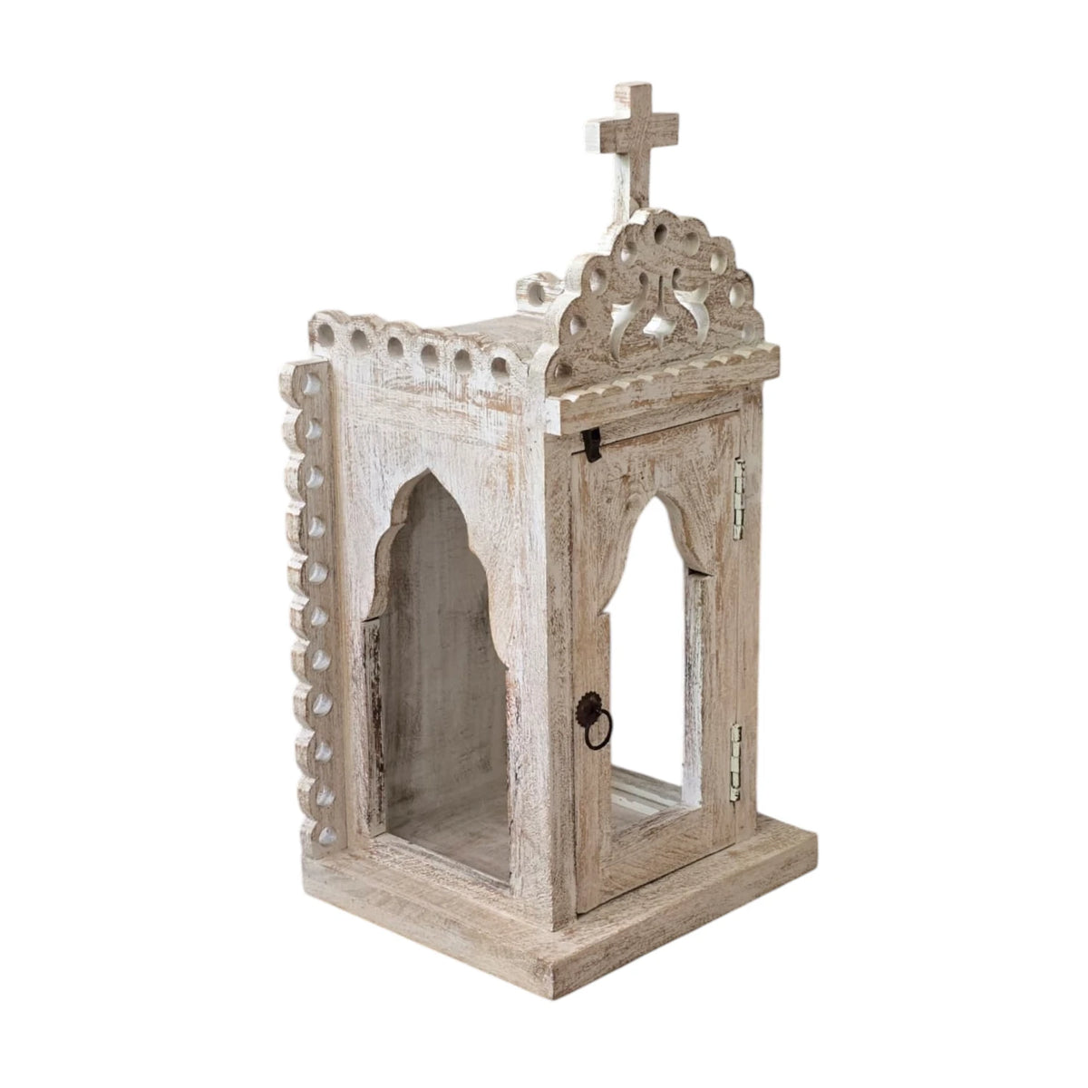 Indian Carved Templed Lantern - White Wash