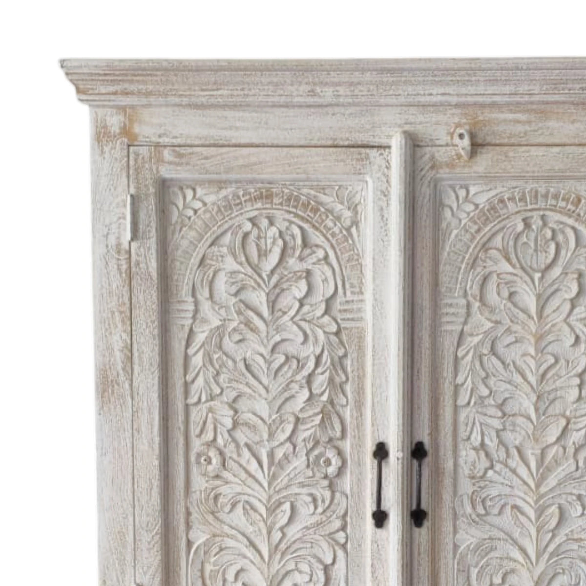 Indian Carved Arch Storage Cabinet - White Wash