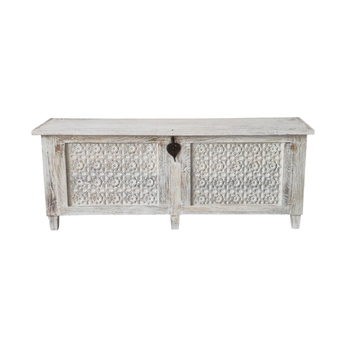 Indian Carved Timber Storage Trunk - White Wash