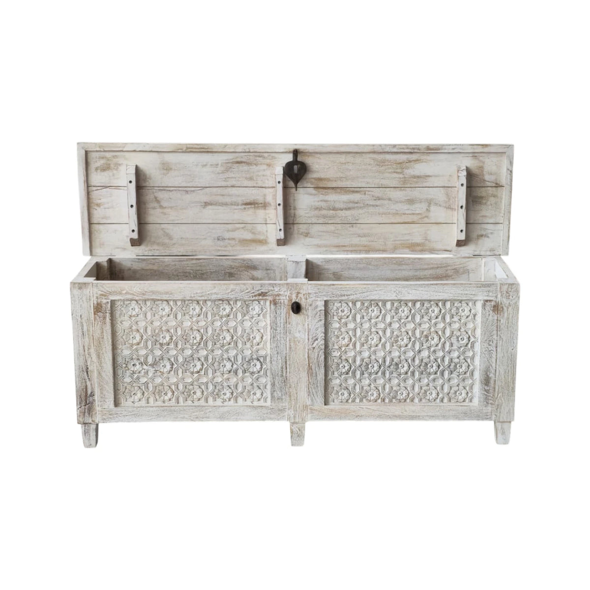 Indian Carved Timber Storage Trunk - White Wash