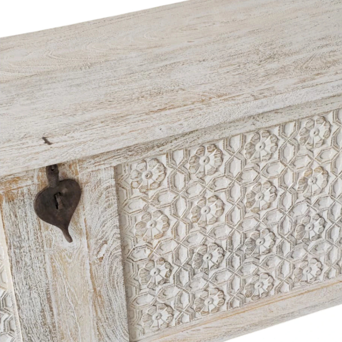 Indian Carved Timber Storage Trunk - White Wash