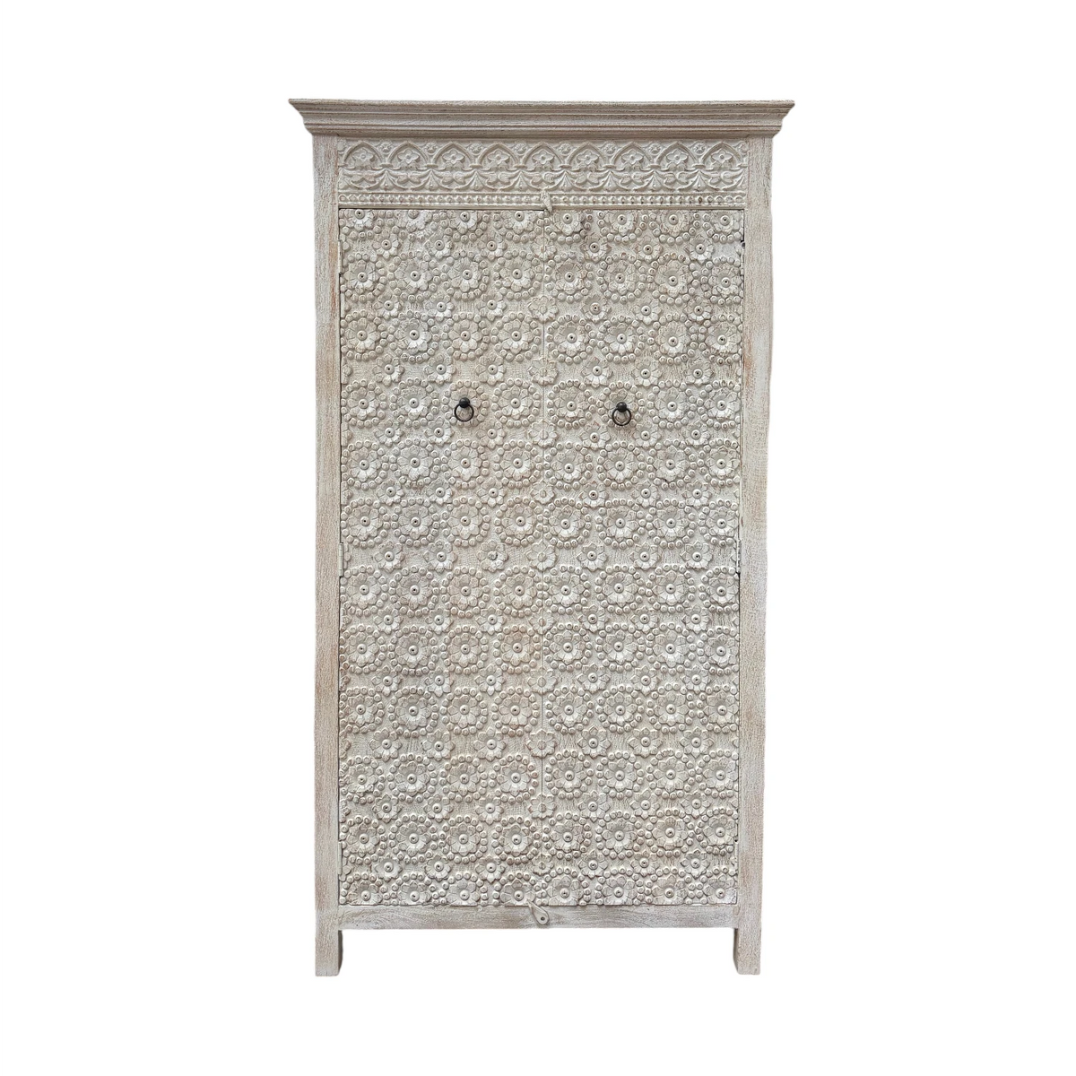 Rosette Indian Carved Tall Storage Cabinet - White Wash