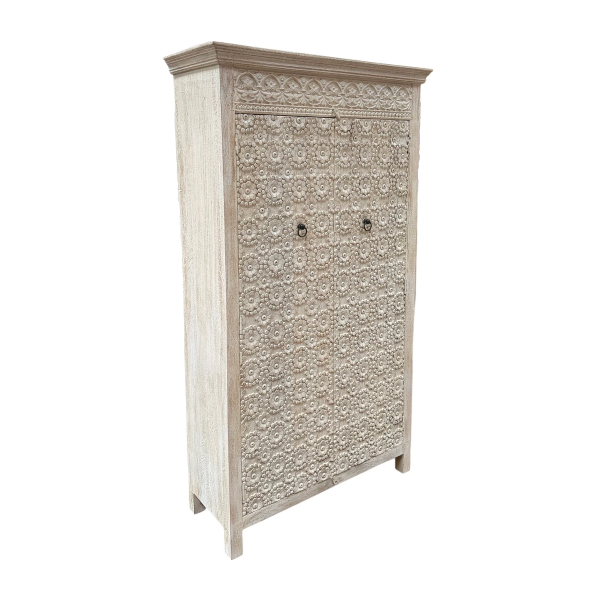 Rosette Indian Carved Tall Storage Cabinet - White Wash