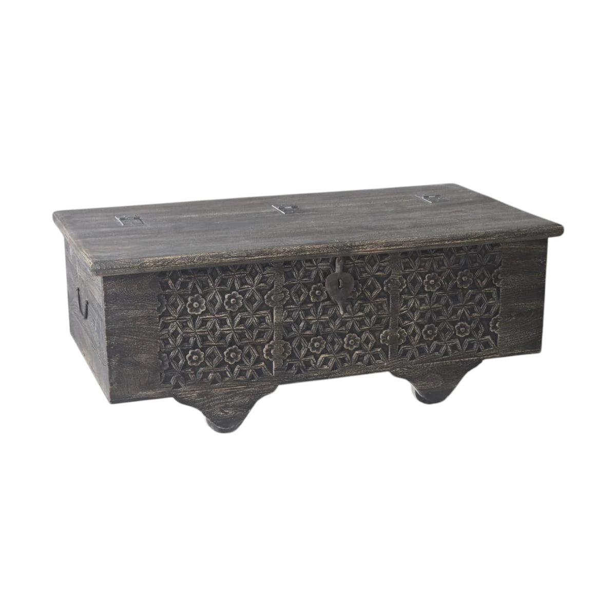 Indian Carved Timber Storage Trunk - Black Wash