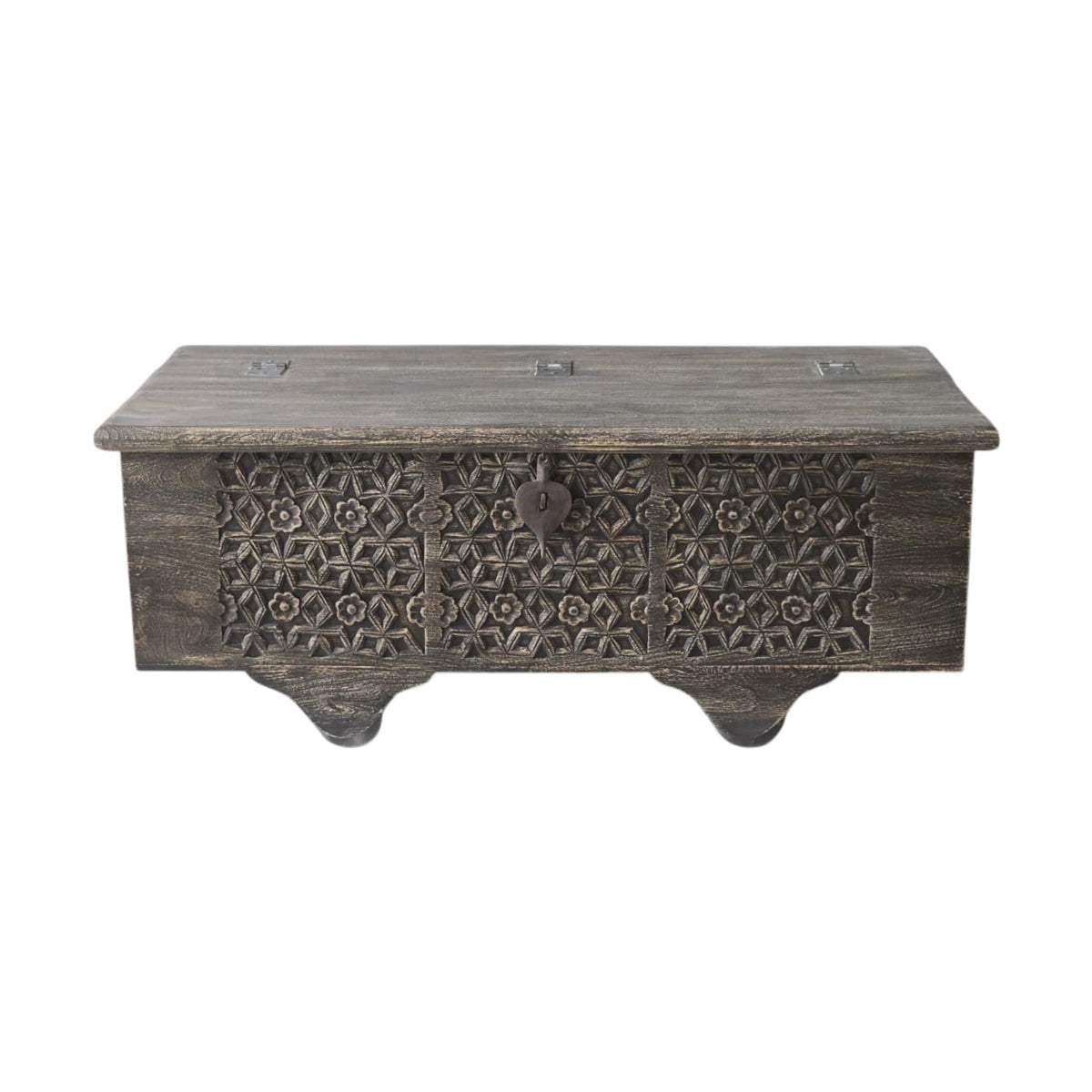 Indian Carved Timber Storage Trunk - Black Wash