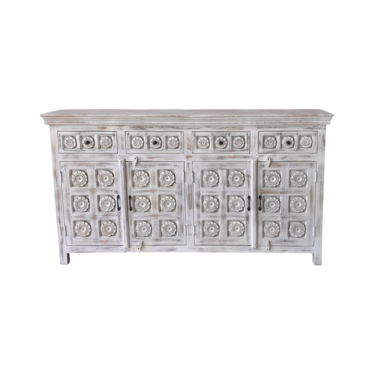 Medallion Indian Carved Large Buffet - White Wash