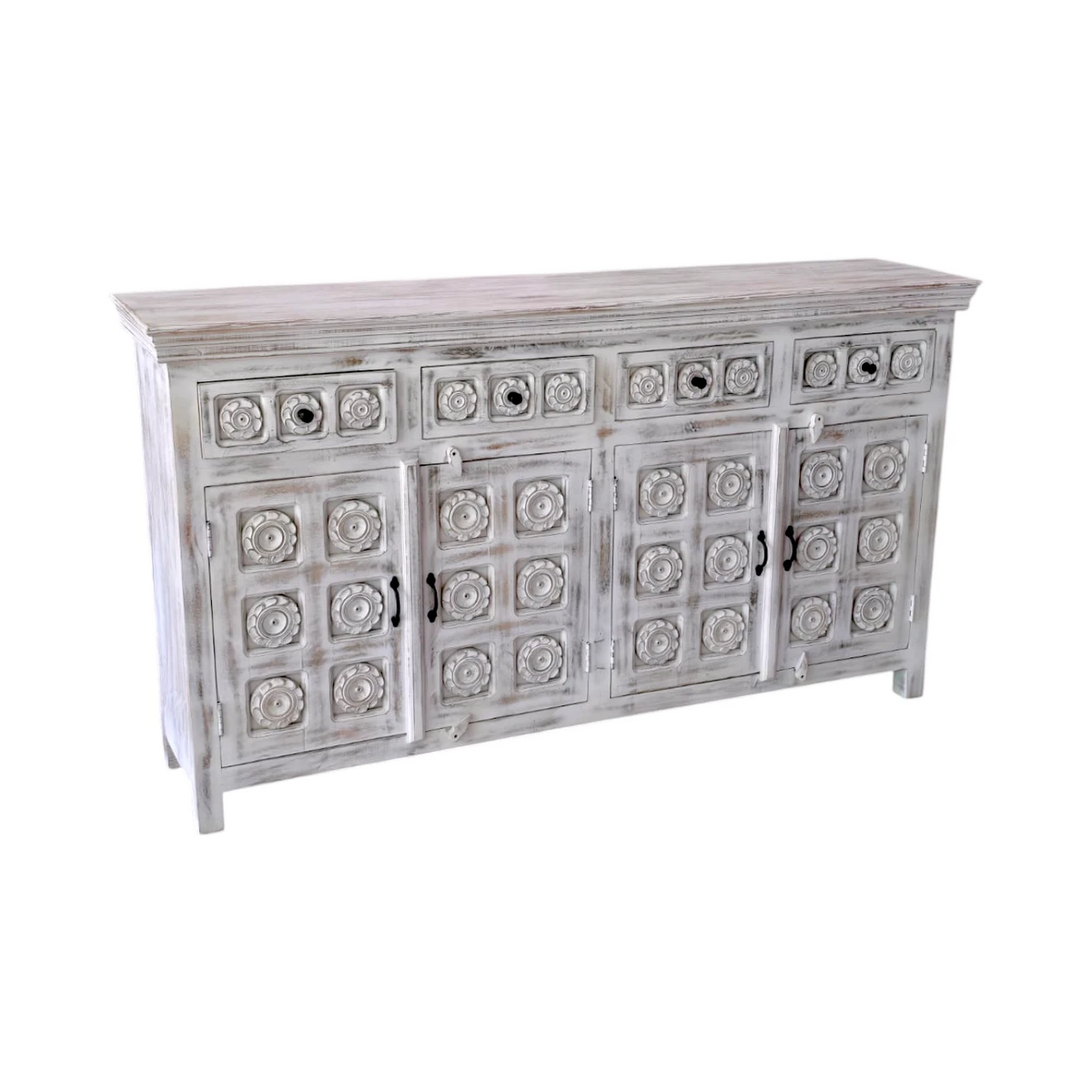 Medallion Indian Carved Large Buffet - White Wash