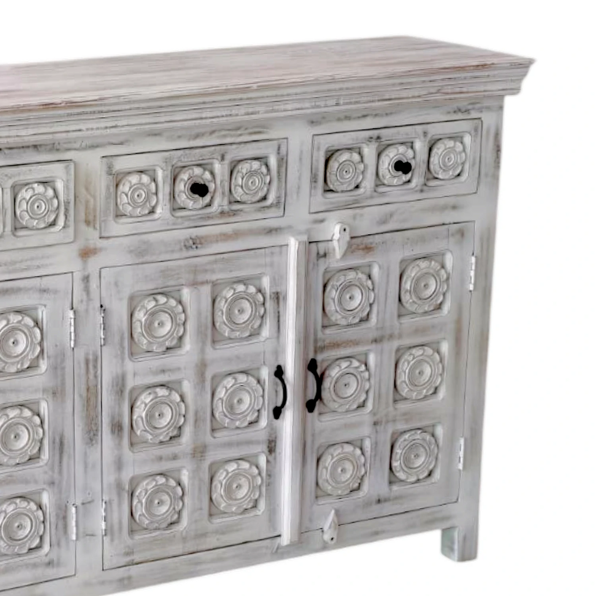 Medallion Indian Carved Large Buffet - White Wash