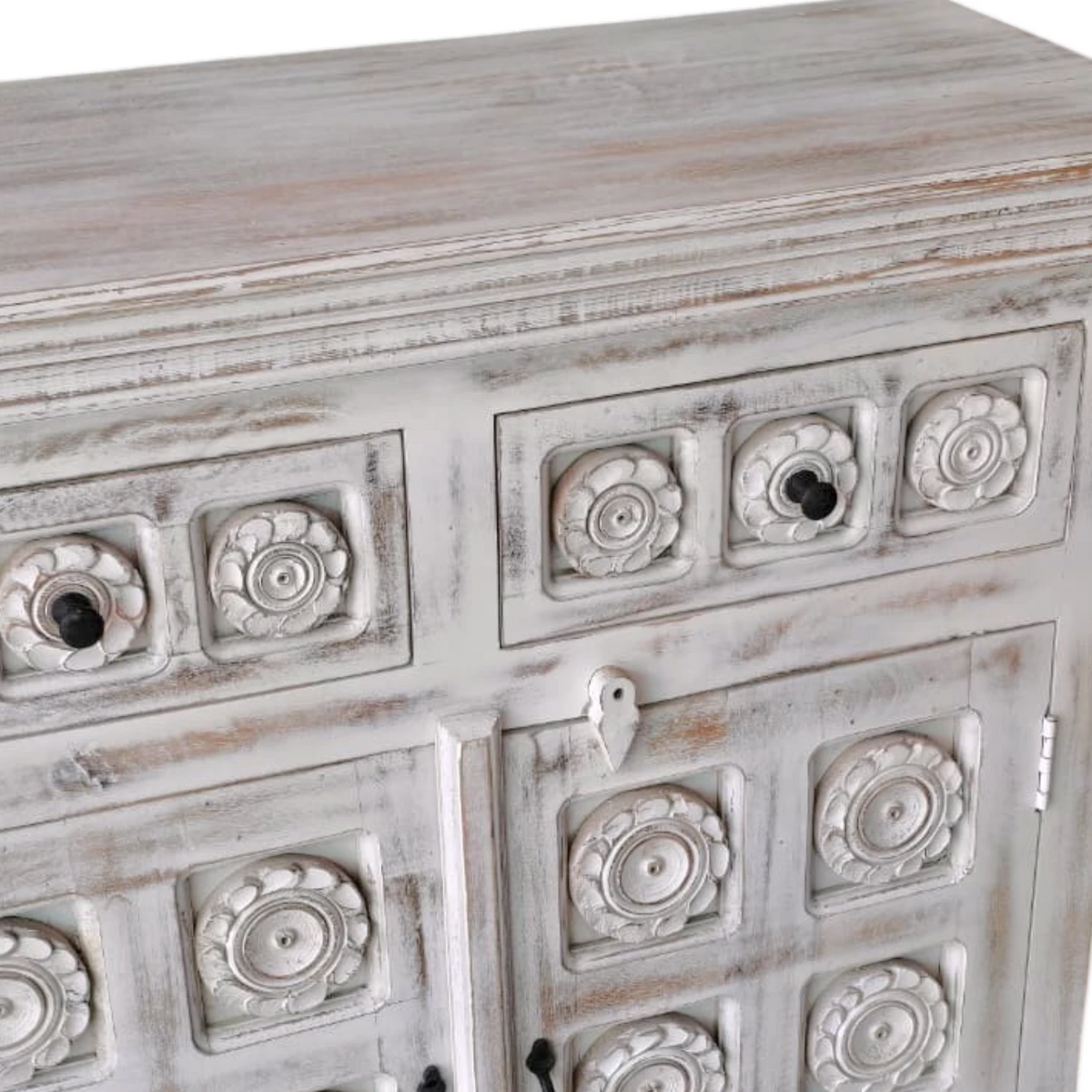 Medallion Indian Carved Large Buffet - White Wash