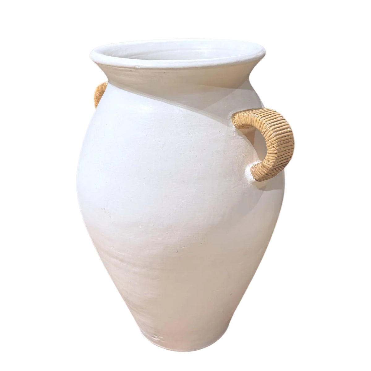 White Terracotta Pot Rattan Handle - 60cm