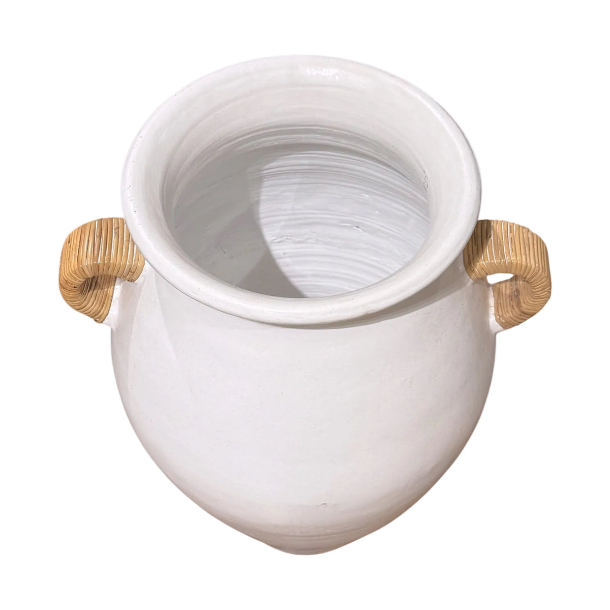 White Terracotta Pot Rattan Handle - 60cm